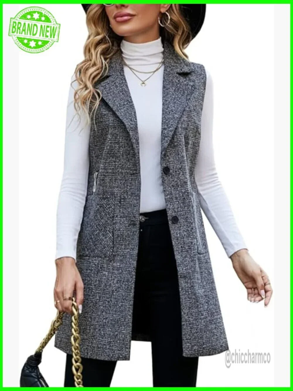 Sleeveless Tweed Blazer Jacket Longline Vest Outerwear Women